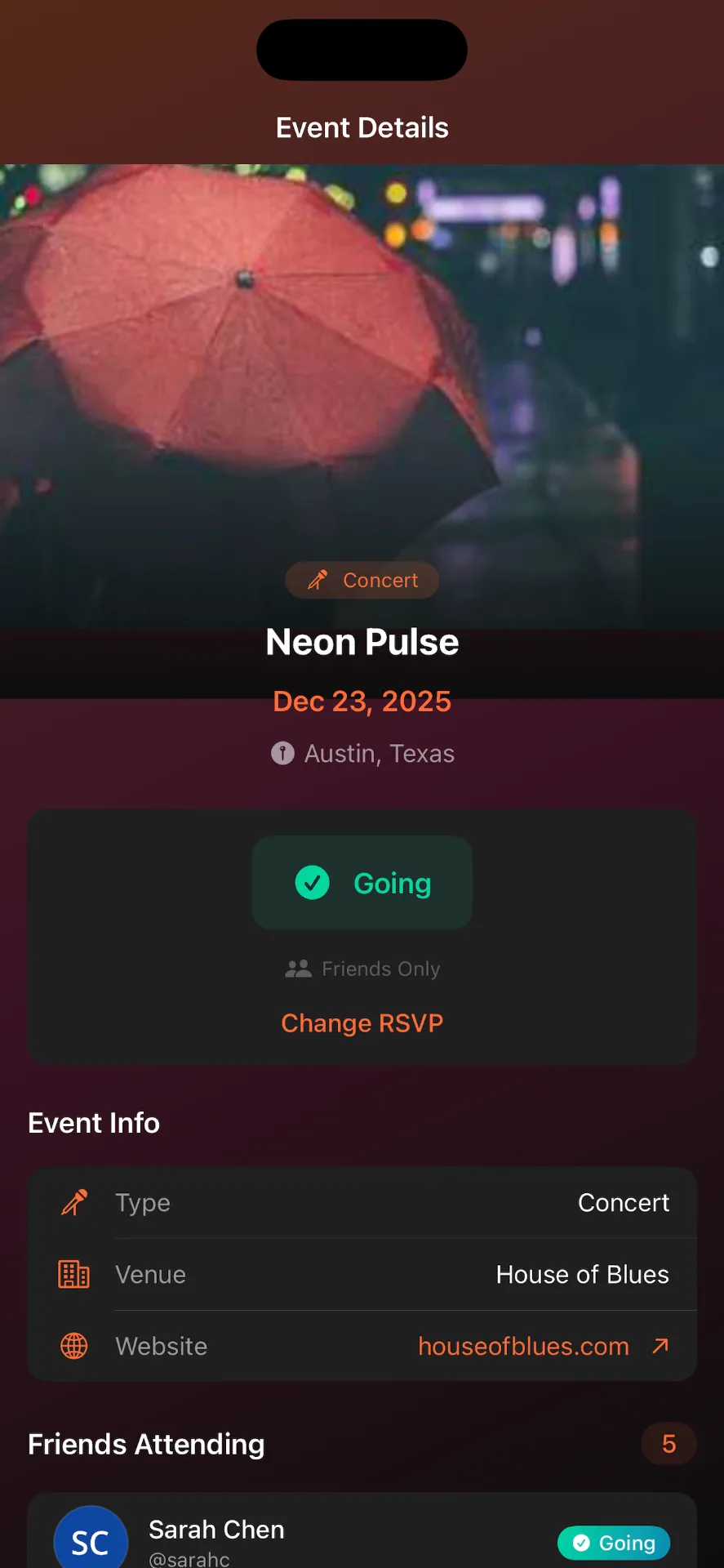 StageHop Event Details screen