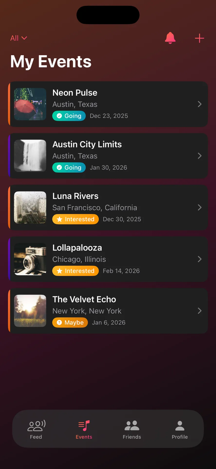 StageHop My Events screen