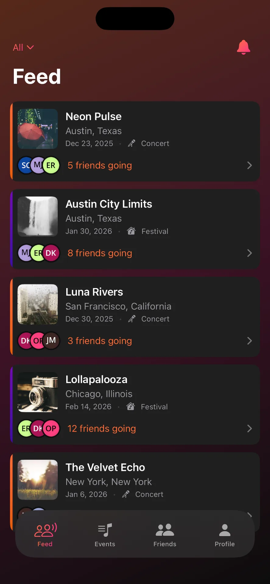 StageHop app showing Friends Feed