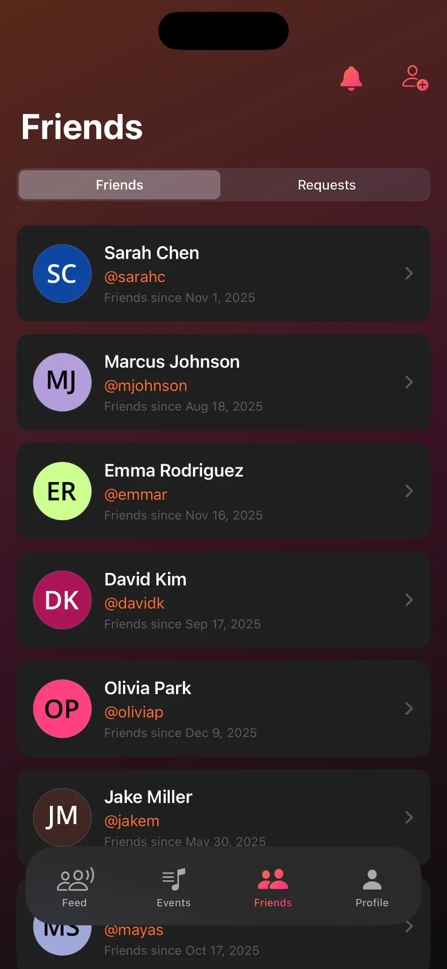 StageHop Friends screen